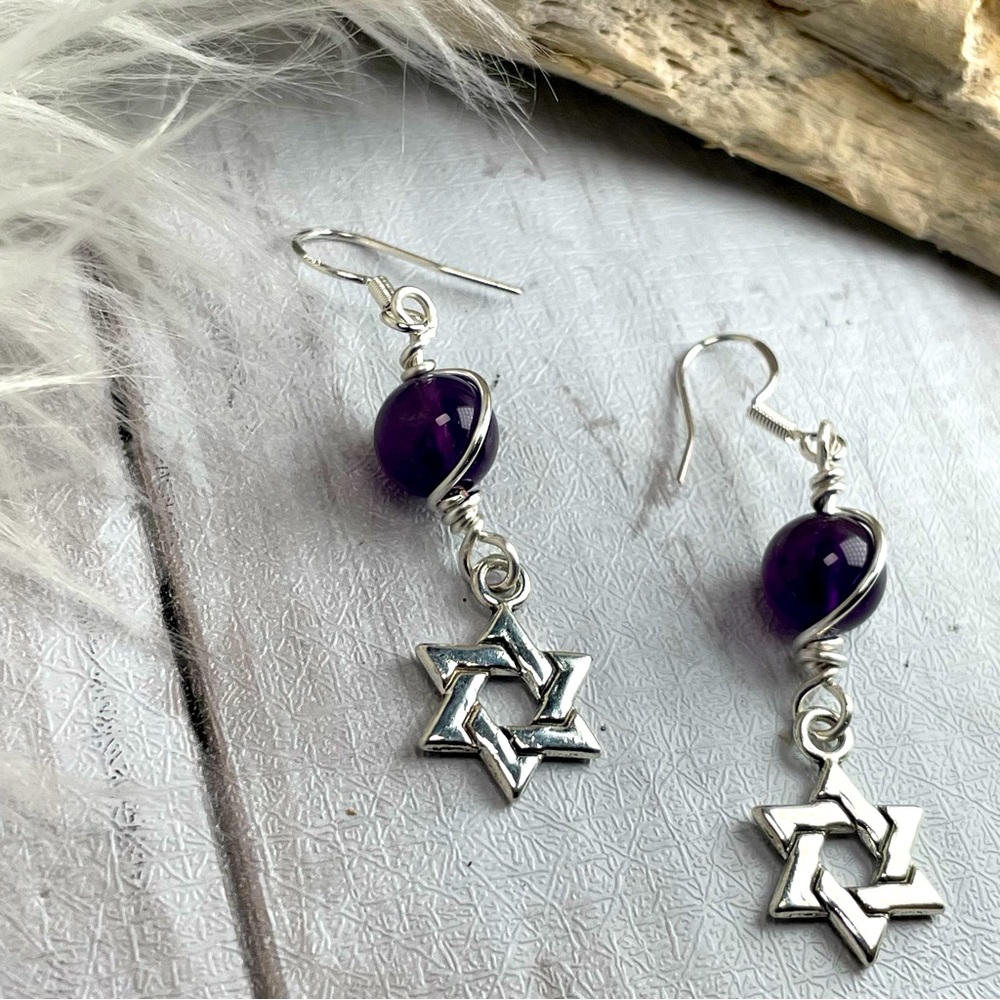 Artisan Designed Amethyst Crystals And Star Of David Silver Pl Charm Ear…